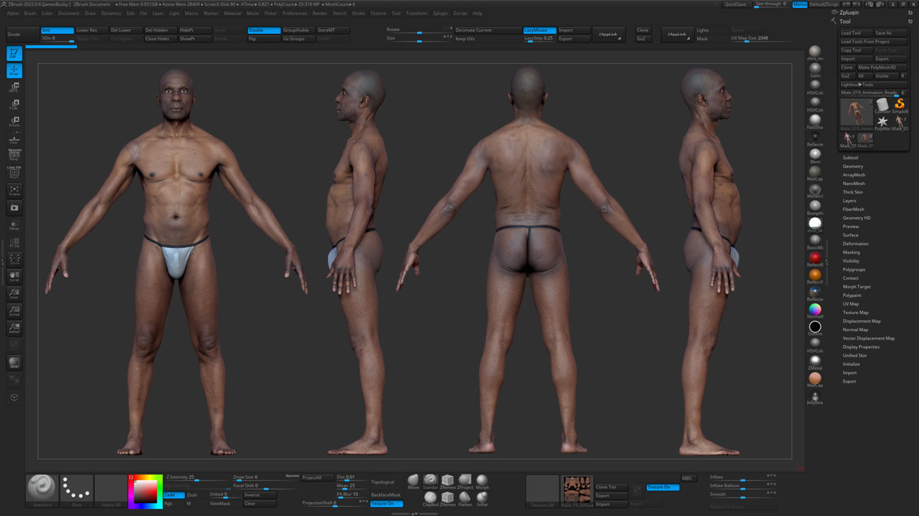 ZBrush ZTool render of a male full body scan at high subdivision showing sculpt-ready mesh detail